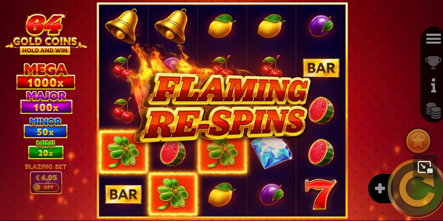 Booming Games - 64 Gold Coins Hold and Win Flaming Re-Spins - Play.co.za
