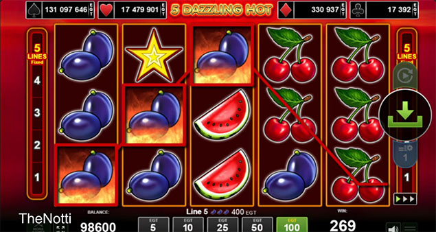 EGT Digital -5 Dazzling Hot Win screen - Play.co.za